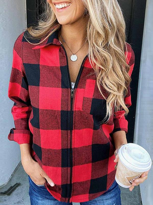 Women's Coats Red Plaid Long Sleeve Zipper Coat - LuckyFash™