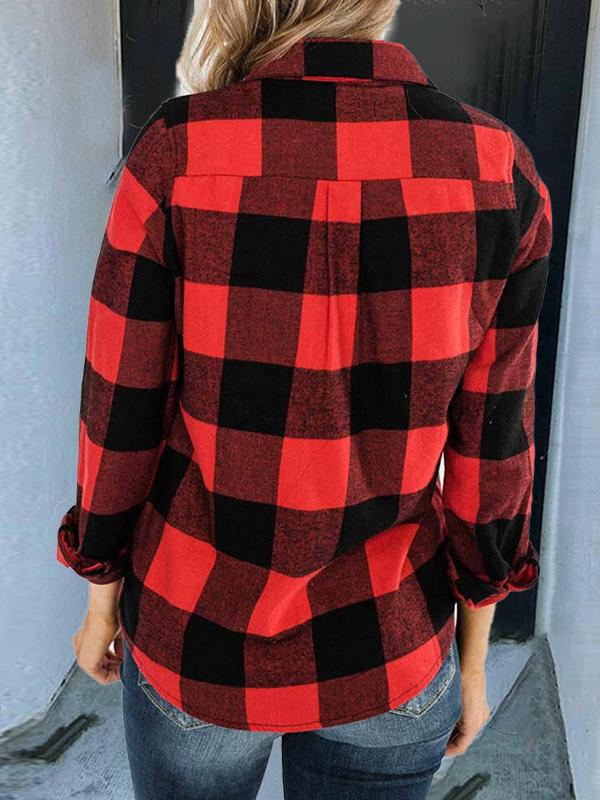 Women's Coats Red Plaid Long Sleeve Zipper Coat - LuckyFash™