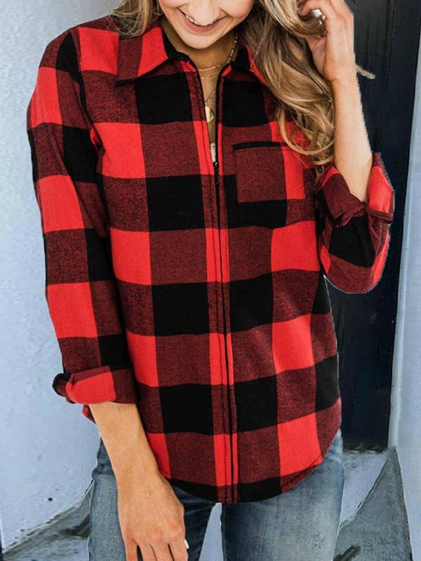 Women's Coats Red Plaid Long Sleeve Zipper Coat - LuckyFash™