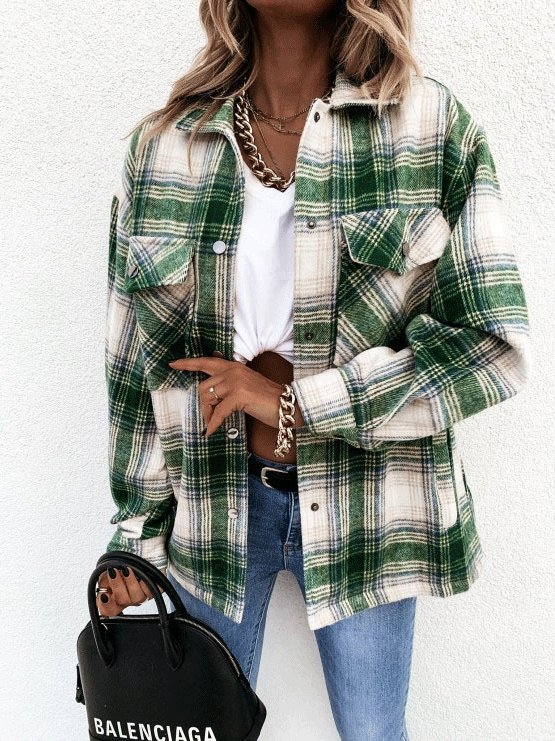 Women's Coats Retro Check Pocket Long Sleeve Shirt Coat - LuckyFash™