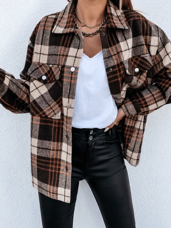 Coats Retro Check Pocket Long Sleeve Shirt Coat for Women