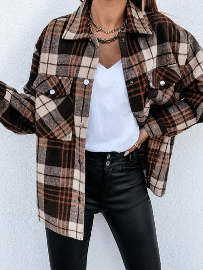 Coats Retro Check Pocket Long Sleeve Shirt Coat for Women