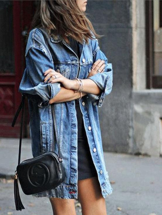 Coats Ripped Button Long Sleeve Denim Shirt Coat for Women