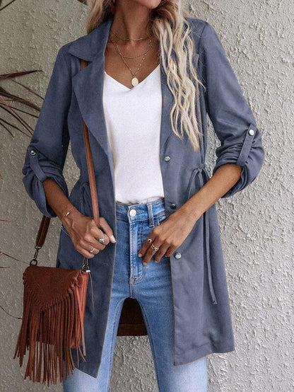 Coats Solid Drawstring Button Lapel Mid-Length Trench Coat for Women