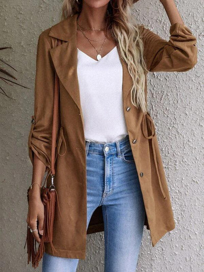 Coats Solid Drawstring Button Lapel Mid-Length Trench Coat for Women