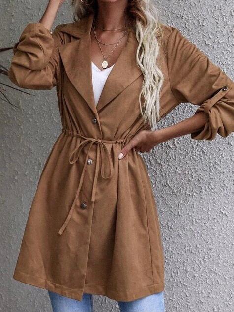 Women's Coats Solid Drawstring Button Lapel Mid-Length Trench Coat - LuckyFash™