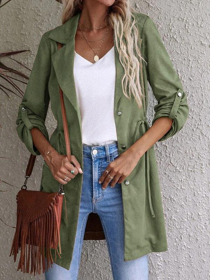 Women's Coats Solid Drawstring Button Lapel Mid-Length Trench Coat - LuckyFash™