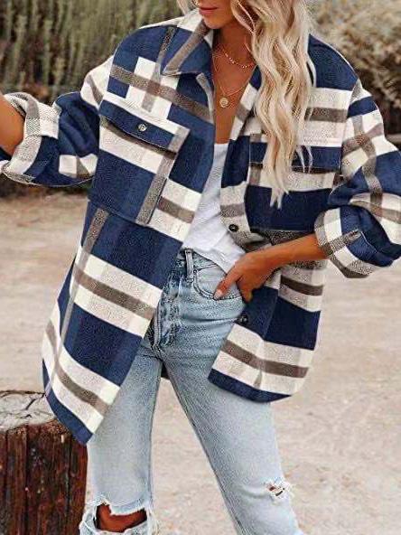 Women's Coats Woolen Plaid Button Long Sleeve Shirt Coat - LuckyFash™