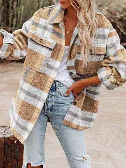 Women's Coats Woolen Plaid Button Long Sleeve Shirt Coat - LuckyFash™