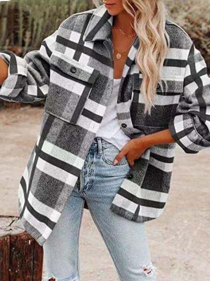 Women's Coats Woolen Plaid Button Long Sleeve Shirt Coat - LuckyFash™