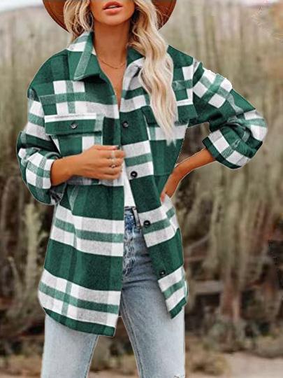 Coats Woolen Plaid Button Long Sleeve Shirt Coat for Women