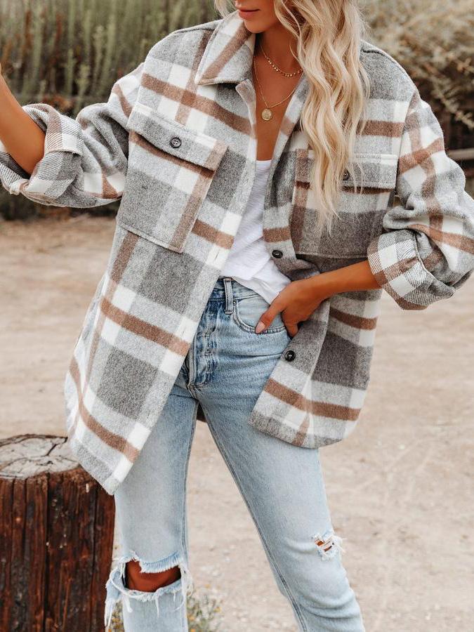 Women's Coats Woolen Plaid Button Long Sleeve Shirt Coat - LuckyFash™