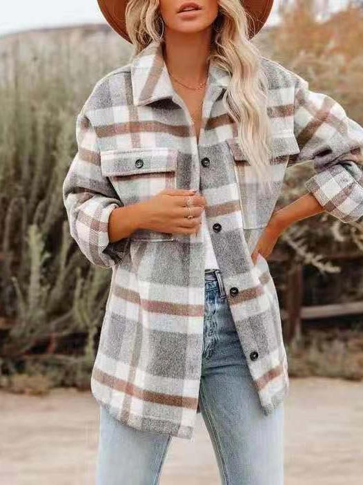 Women's Coats Woolen Plaid Button Long Sleeve Shirt Coat - LuckyFash™