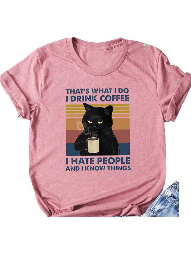 Women's Coffee Cat Print Casual Loose T-Shirt - LuckyFash™