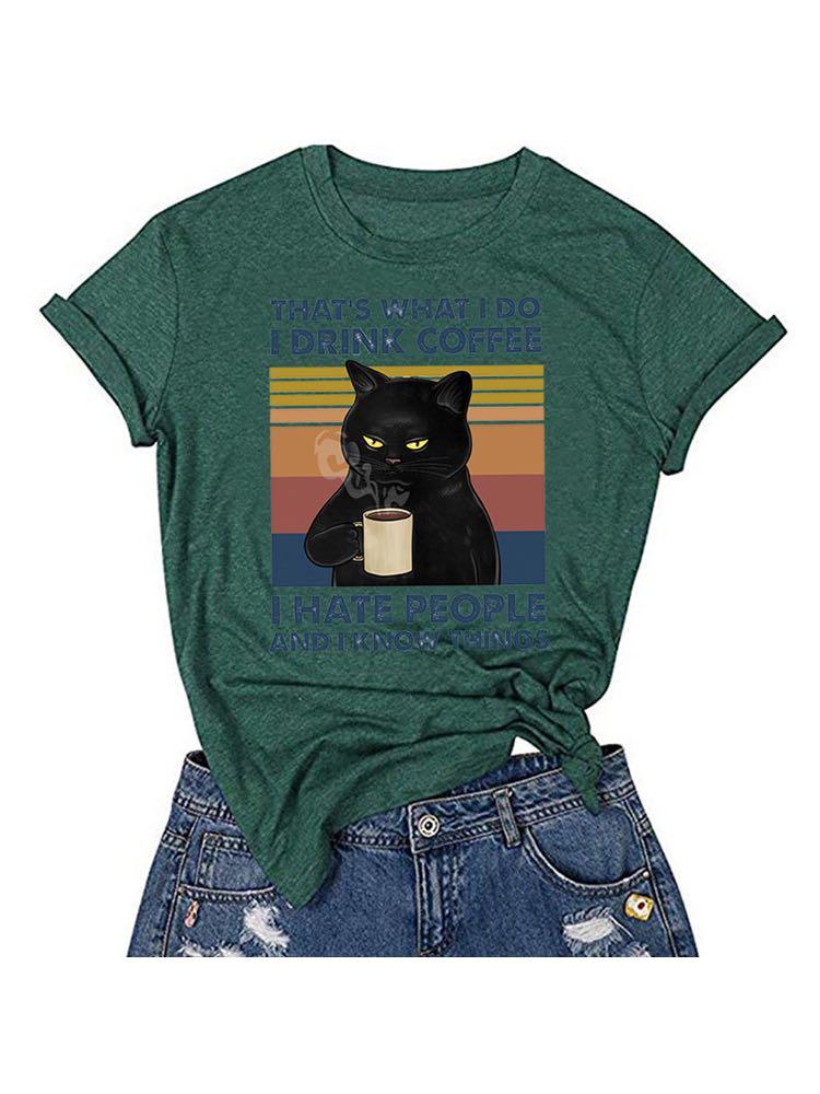 Women's Coffee Cat Print Casual Loose T-Shirt - LuckyFash™