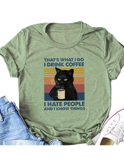 Coffee Cat Print Casual Loose T-Shirt for Women