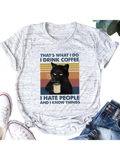 Coffee Cat Print Casual Loose T-Shirt for Women