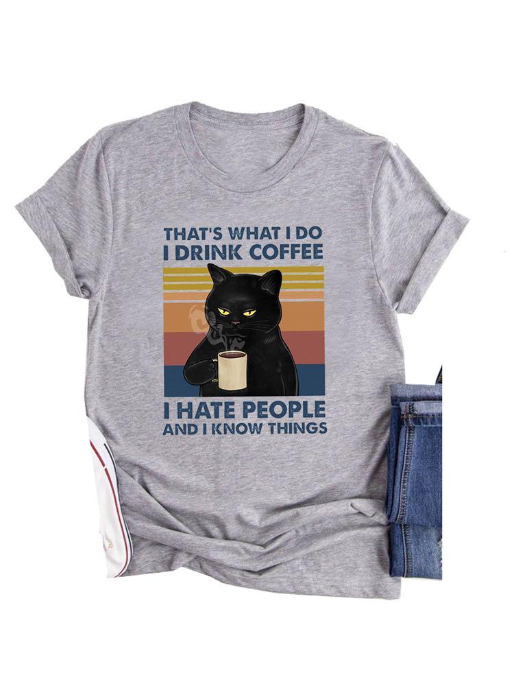 Women's Coffee Cat Print Casual Loose T-Shirt - LuckyFash™