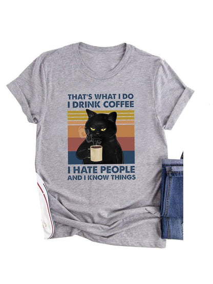 Coffee Cat Print Casual Loose T-Shirt for Women