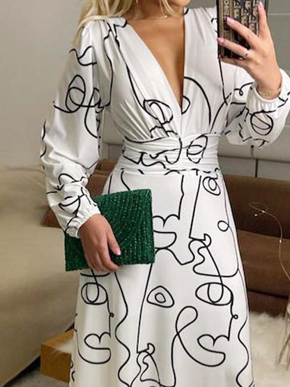 Maxi Dresses - Abstract Line Print V-Neck Long Sleeve Dress - MsDressly