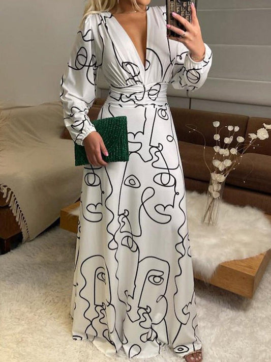 Abstract Line Print V-Neck Long Sleeve Dress