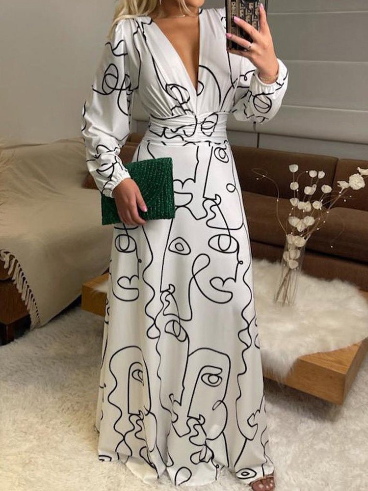 Maxi Dresses - Abstract Line Print V-Neck Long Sleeve Dress - MsDressly