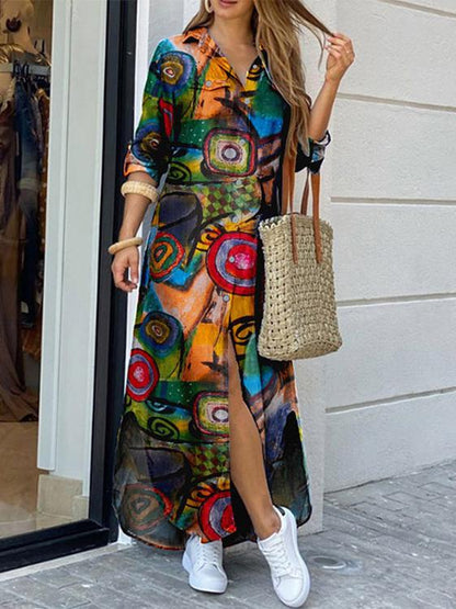 Dresses Abstract Printed Button Long Sleeve Shirt Dress for Women