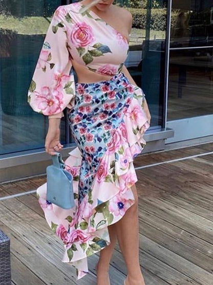 Dresses Asymmetric Off Shoulder One-Sleeve Flower Ruffled Dress for Women