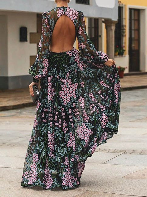 Women's Dresses Bare Back Long Sleeve Print Dress - LuckyFash™