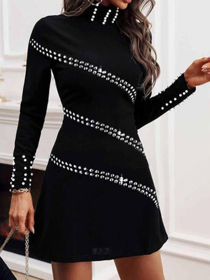 Women's Dresses Beaded High Neck Long Sleeve Dress - LuckyFash™