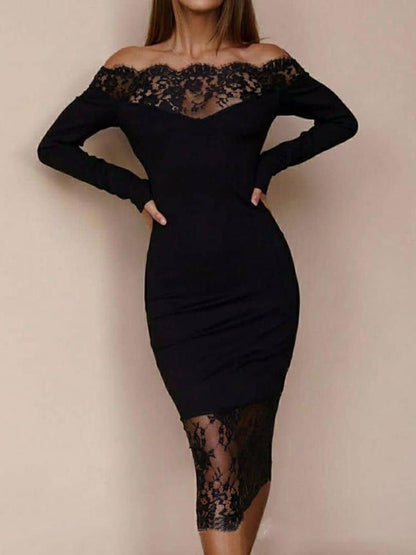 Women's Dresses Boat Neck Lace Stitching Skinny Long Sleeve Dress - LuckyFash™