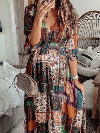 Women's Dresses Bohemian Print V-Neck Long Sleeve Dress - LuckyFash™