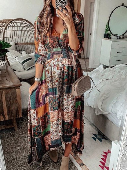 Women's Dresses Bohemian Print V-Neck Long Sleeve Dress - LuckyFash™