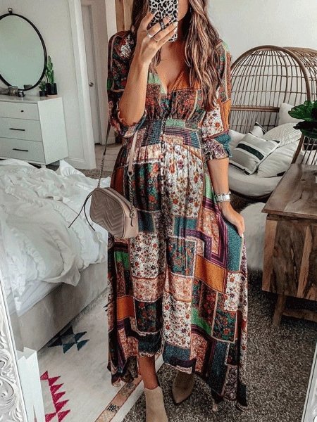 Women's Dresses Bohemian Print V-Neck Long Sleeve Dress - LuckyFash™