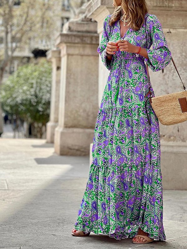 Women's Dresses Bohemian Print V-Neck Long Sleeve Dress - LuckyFash™