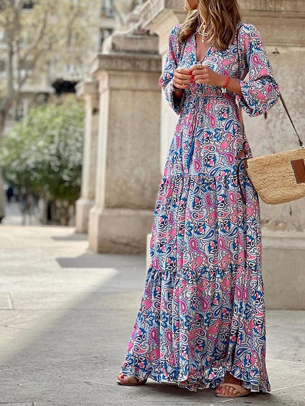 Women's Dresses Bohemian Print V-Neck Long Sleeve Dress - LuckyFash™