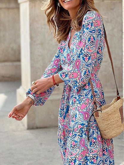 Women's Dresses Bohemian Print V-Neck Long Sleeve Dress - LuckyFash™