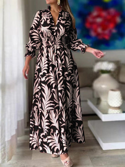 Dresses Boho Print Elastic Waist Long Sleeve Dress for Women