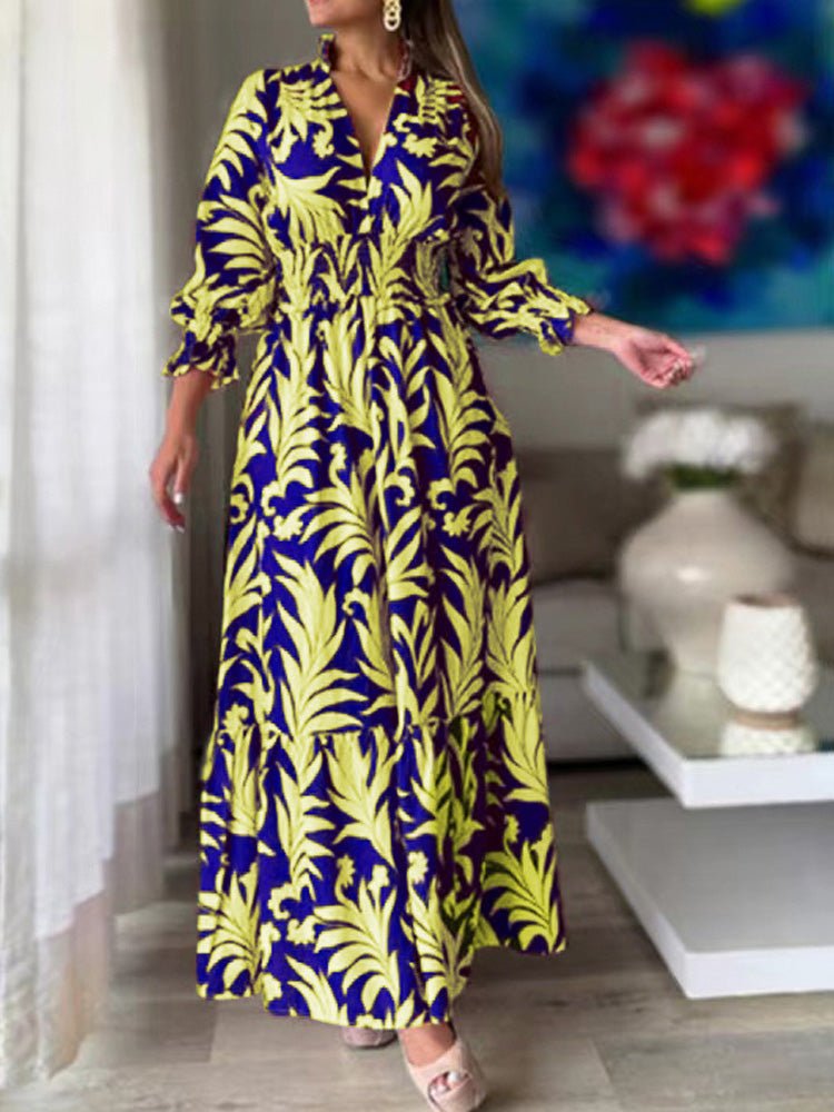 Dresses Boho Print Elastic Waist Long Sleeve Dress for Women