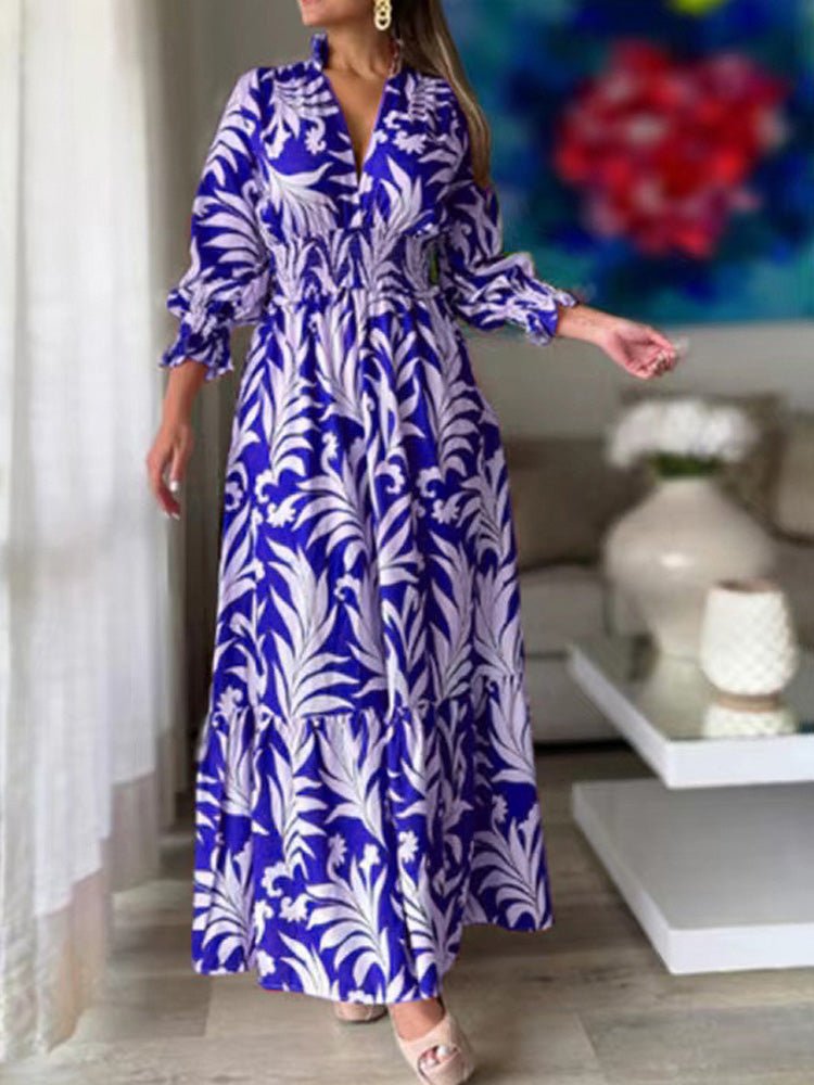 Dresses Boho Print Elastic Waist Long Sleeve Dress for Women