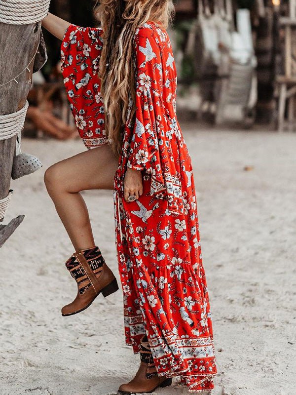 Women's Dresses Boho Print Lace-Up Long Sleeve Dress - LuckyFash™