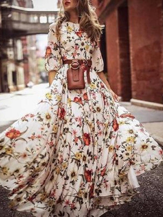 Dresses Boho Print Mid-Sleeve Maxi Dress for Women