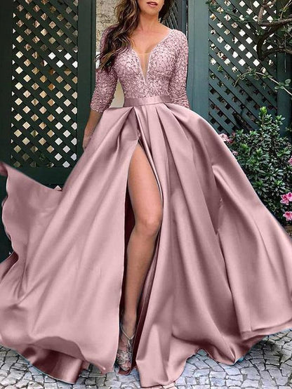 Bronzing V-Neck Banquet Slit Evening Dress