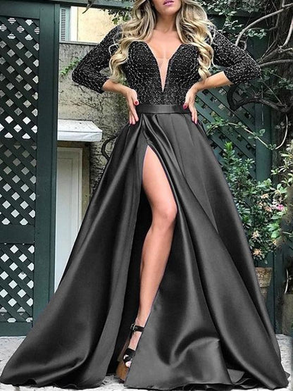 Maxi Dresses - Bronzing V-Neck Banquet Slit Evening Dress - MsDressly