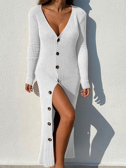 Dresses Button Long Sleeve Slit Knit Dress for Women