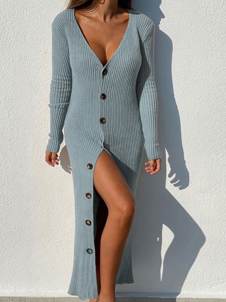 Women's Dresses Button Long Sleeve Slit Knit Dress - LuckyFash™