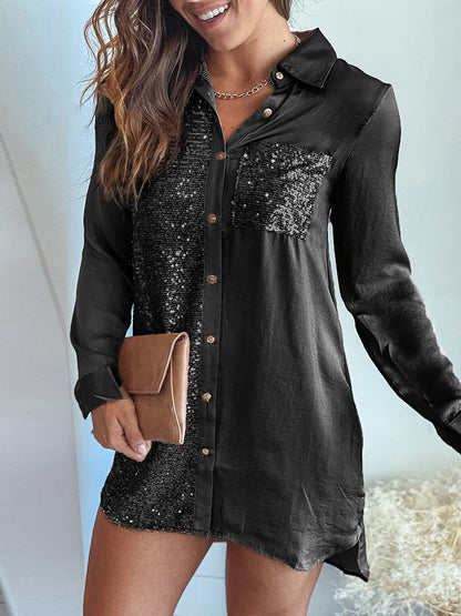 Women's Dresses Button Sequin Panel Long Sleeve Shirt Dress - LuckyFash™