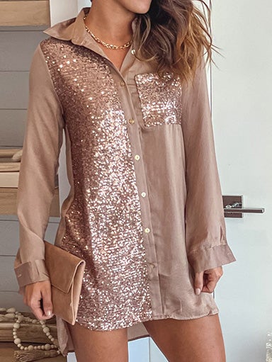 Women's Dresses Button Sequin Panel Long Sleeve Shirt Dress - LuckyFash™