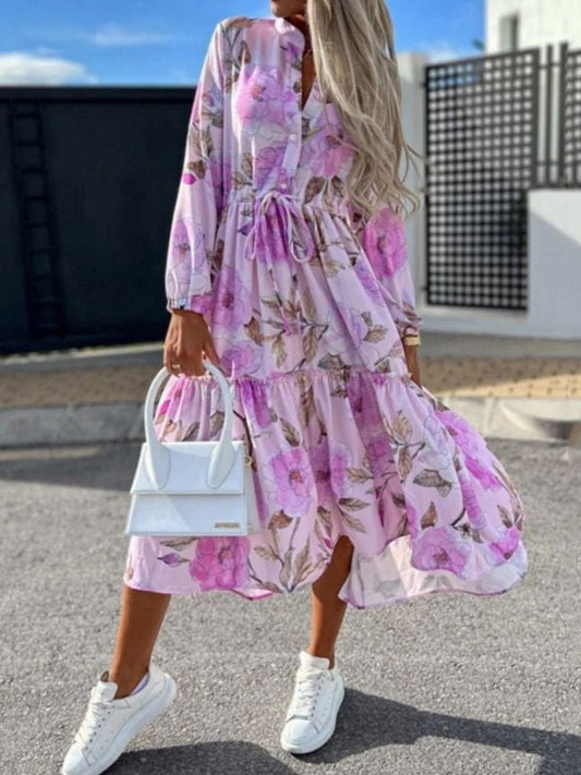 Dresses Buttoned Long Sleeve Lace-Up Print Dress for Women