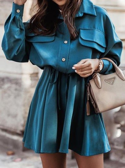 Women's Dresses Casual Belted Long Sleeve Shirt Dress - LuckyFash™